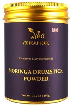 Ved's Organic Moringa Powder, Organic Pure Moringa Stick Rich in Essential Vitamins & Minerals, Perfect for Cooking, Smoothies, Lattes & Moringa Tea, 100g