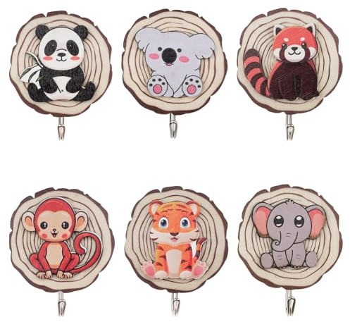 YunBey 6Pcs Self-Adhesive Wall Hooks, Animal Shapes & Wood for Kids