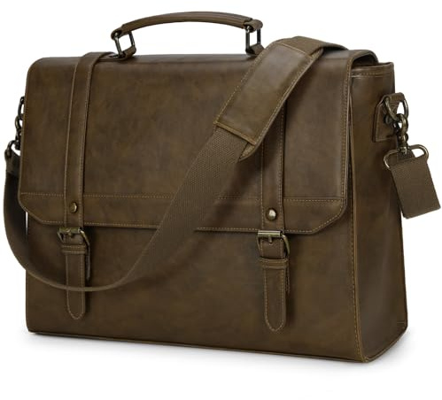 IGOLUMON Kurirväska vattentät läder laptopväska 15,6 tum portfölj för män vintage skolväska axel notebook arbetsväska brun, Khaki, 15.6 inch