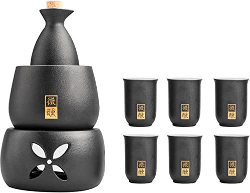 TLTDSMYF Set di sakè in Ceramica con scaldavivande, Include 1 Bottiglia di sakè, 6 Tazze di sakè, 1 Tazza scaldavivande, 1 Stufa riscaldante a Candela, Rosso
