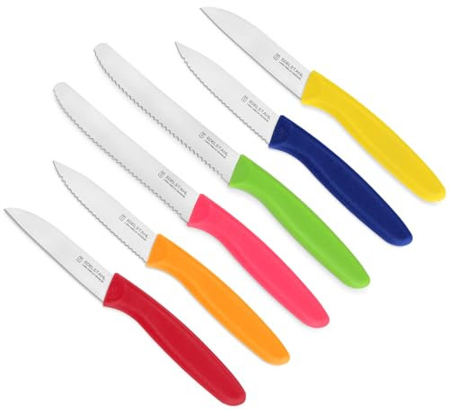targzier Classic Gemüsemesser-Set, 6-teilig, Obstmesser, Schälmesser mit Wellenschliff, Tomatenmesser, Scharfe Edelstahlklinge, Mehrfarbig, Spülmaschinenfest