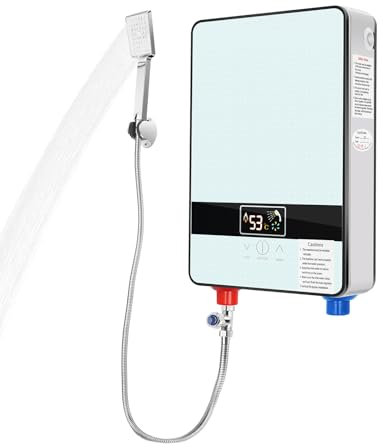 Elektrischer Warmwasserbereiter, 6500 W Elektrischer Durchlauferhitzer mit Duschkopf LED Display Einstellbare Temperatur Elektrischer Mini Warmwasserbereiter Weiß für Küchen Bäder Hotels