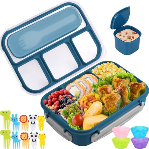 YuXinCat Bento-box 1 300 ml av plast – mikrovågsugnssäker, med 4 fack – perfekt för studenter och kontorsarbetare – blå matlåda för perfekt måltidförvaring