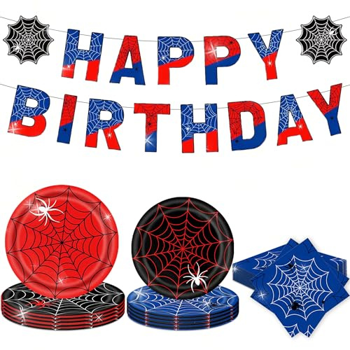 LaVenty banniere anniversaire rouge noir super heros vaisselle fete | banniere anniversaire rouge noir super heros vaisselle fete araignee ensemble decoration enfants party set