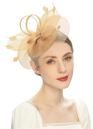 Michear Chapeau bibi en maille avec fleur et plumes - Pince à cheveux - Pour femme - Pour le thé, le mariage, le derby, champagne, taille unique-M