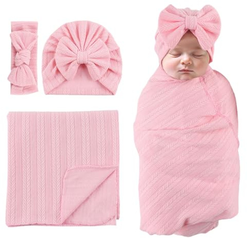 MniJiza Baby Pucktuch Neugeborenes Swaddle Kleinkind Mädchen Hut Stirnband Schlafsack (Rosa)