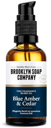 Brooklyn Soap Company, Olio per barba 50 ml Blue Amber & Cedar – Olio nutriente per barba da uomo – per la cura quotidiana della barba – Beard Oil da viaggio ideale come regalo per uomini