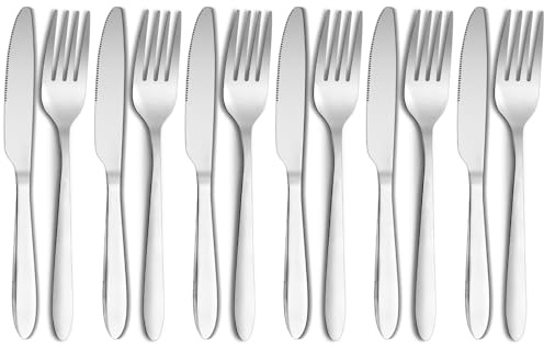 CareLoom 12 Piece Knife and Fork Sets, Stainless Steel Cutlery Set for 6 People, Mixed Steak Knives and Forks Set Silverware for Home Party Restaurant, Dishwasher Safe and Mirror Polished