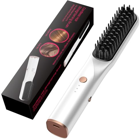Brosse Lissante Sans Fil, Brosse Chauffante Lissante, Brosse Lissante pour Cheveux Anti-BrûLure, Cordless Hair Straighteners, Lisseur Boucleur USB 4000mAh avec Type C Pour Voyage, 3 Températures