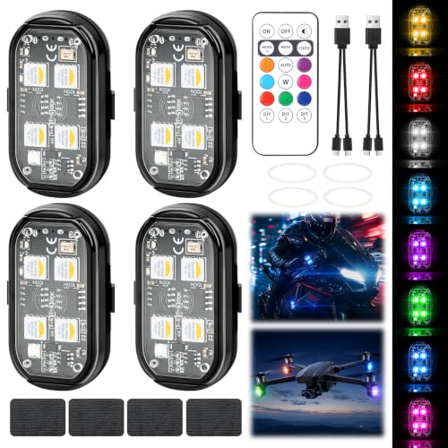 Mineup 4 Stück Kabellose Led Lichter, 8 Farbiges Strobe Drone Light | Fernbedienung Blitzlicht mit Fernbedienung, USB-Aufladung Antikollisionslichter,LED Flugzeug Blitzlicht für Drohne Motorrad