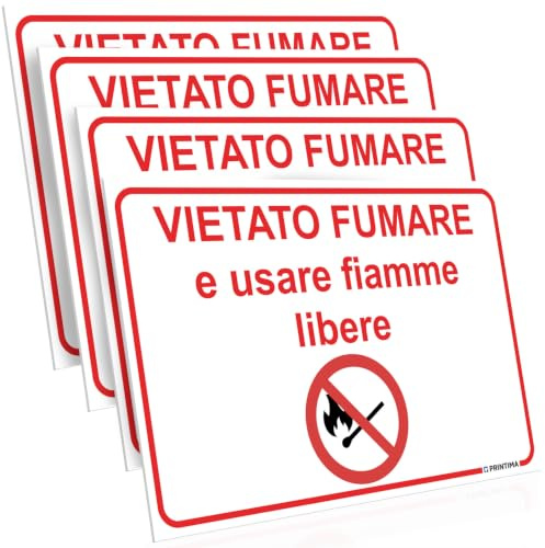 PRINTIMA 32x21 cm set 4 targhe Vietato fumare e usare fiamme libere, cartelli segnaletici di divieto per sicurezza antincendio con pittogramma e kit di montaggio incluso
