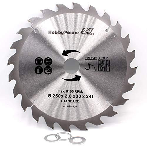 Kreissägeblatt Sägeblatt Hartmetall für Holz Tischkreissäge Kappsäge Gehrungssäge 250x30mm 24 Z Zähne + 3 Reduzierringe auf 24,4mm, 20mm und 16mm
