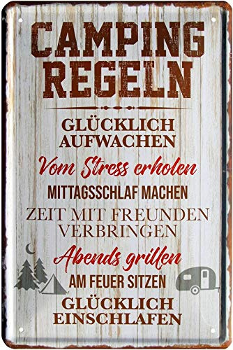 WOGEKA ART Retro Blechschild Camping Regeln - Glücklich aufwachen Camper als Geschenk-Idee 20 x 30 cm Vintage-Deko-Schild aus Metall 1157