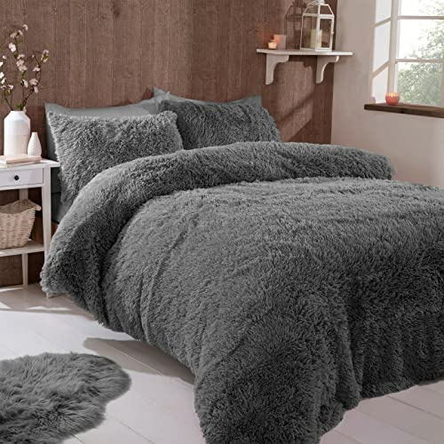 FAUX FUR SHAGGY Long Pile Face, Soft Touch Plush Fleece Reverse, Duvet Cover Set with Pillow Case Thermal Fluffy Winter Warm Cozy Cuddly Bedding Bed Set (Grey, Single)