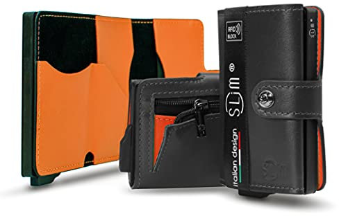 SLim Porta Carte di Credito Schermato Portafoglio Uomo Rfid Portatessere Anticlonazione Donna Portacarte Uomo (Nero e Arancio, Con Zip)