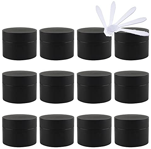 TIANZD 12 Pièces Vides Petit 15 ml Noir Mat Cosmétique Pot en Plastique avec Couvercle 15 g Pots de Cosmétique Crème de Contenant pour des Produits Cosmétiques avec 6x Spatules