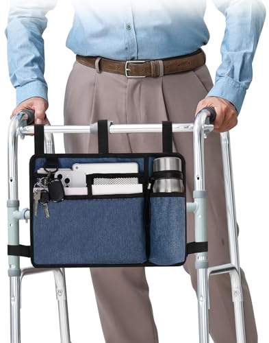 supregear Borsa per Sedia a Rotelle con Portabicchieri, Borsa per Girello Resistente All'acqua Cestino Accessori per Camminatore Pieghevole per Sedie a Rotelle, Deambulatori, Scooter, Blu