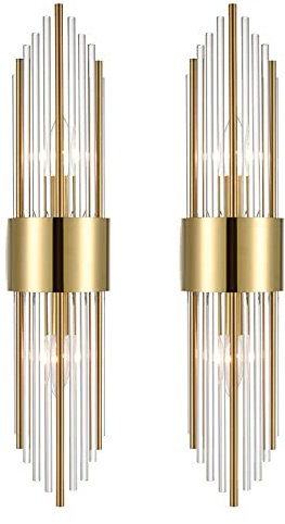 SHAWNKEY ZASTION 2-Light Modern Brushed Titanium Gold Wall Sconce with Clear Glass Crystal Luxury Wall Light Fixtures for Bedroom Living Room Bathroom Vanity Mirror Light Fixtures Set of 2
