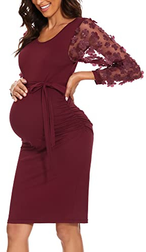 Vestido premamá Ajustado de Longitud Media con Mangas Tipo Obispo de Malla con Flores, Vestido ceñido de otoño para Fiestas del bebé o para sesiones de Fotos, Rojo Vino, Large