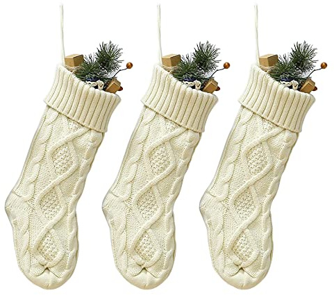 YUEWO 46cm Christmas Stockings Burgundy Ivory Green Knitted Pattern Large Fireplace Hanging Stockings Decoration Use 3 Pack (Ivory)