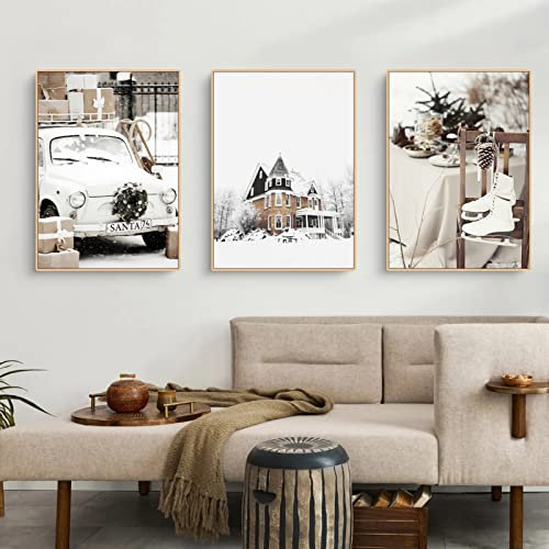 Trayosin Premium 3er Poster Set, Winter Schneelandschaft Bilder Set, ohne Rahmen, Moderne Schloss Automobil Bilder Wanddeko, Wandbilder für Wohnzimmer Schlafzimmer (50x70cm)