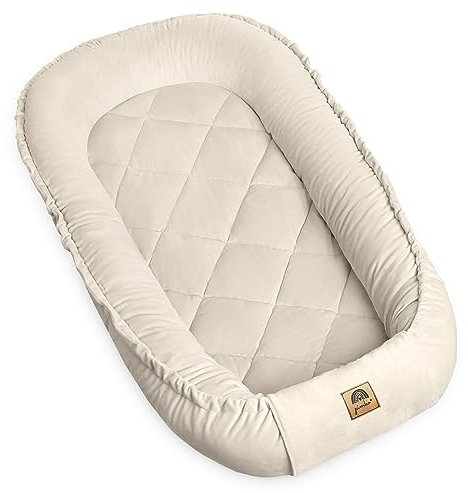 PIMKO Multifunktionale 2seitig Babynest Kuschelnest Kokon für Babys Nestchen antiallergischre Neugeborene Kokon 55 x 90cm Velvet - Beige mit Klappe