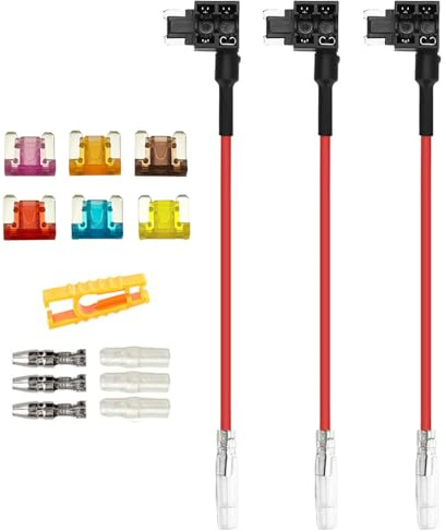 Aiqeer 3 Stück 12V / 24V Low-Profile Add-a-Circuit Sicherung Taps, Auto Piggyback Sicherungshalter mit Kabelbaum, Gratis 6 Stück Micro Flachsicherungen und Sicherungszieher (Butt Terminal)