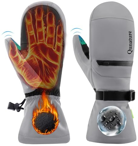 Qunature Thermal Snow Mittens - Waterproof Touchscreen Wrist Guards - Warm Fleece Lined Snow Mitts for Men & Women - Ski Gloves for Colder Weather Skiing & Skating