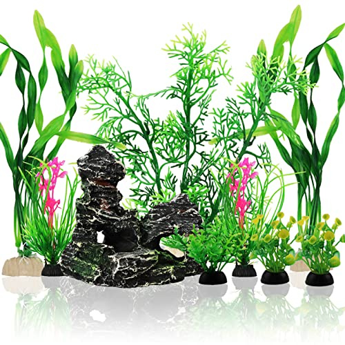 QUOZUO 9 Pezzi Decorazione Piante per Acquario, Piante in Plastica Verde con Resina, Grotta di Pesce e Accessori per Serbatoio