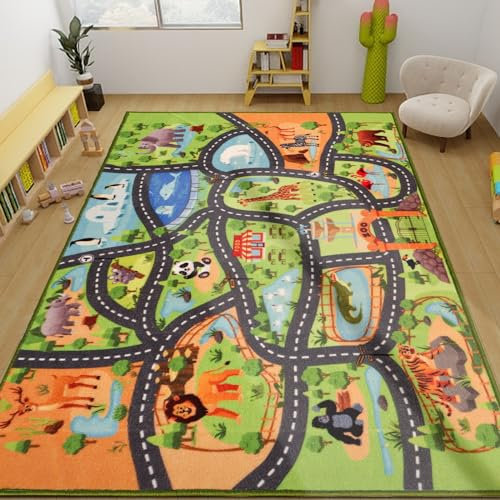 AKUNRUG Autoteppich Kinder, 150X200CM Tier Auto Spielteppich, Zoo Straße Teppich, Rutschfest, Kinderzimmer