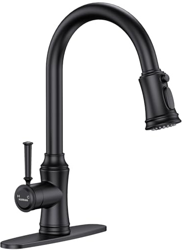 Kitchen Faucet with Pull Down Sprayer, Single Handle High Arc Utility Sink Faucet with Deck Suitable for bar for Kitchen Sink, Laundry Sink, Wet Bar or RV, Matte Black