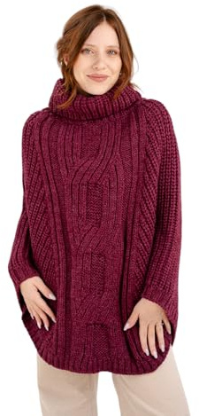 SAOL Maglione poncho da donna in maglia a treccia di lana merino al 100%, Rosso Velluto, Taglia unica