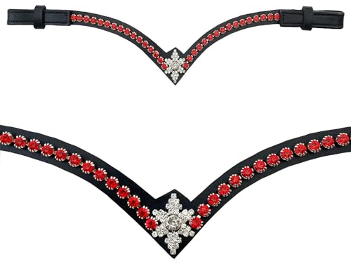 Leone Equipment Stirnriemen Pferd Glitzer in Geschenkbox (Rote Steine/Schwarz Leder, X-Full/X-Warmblut)
