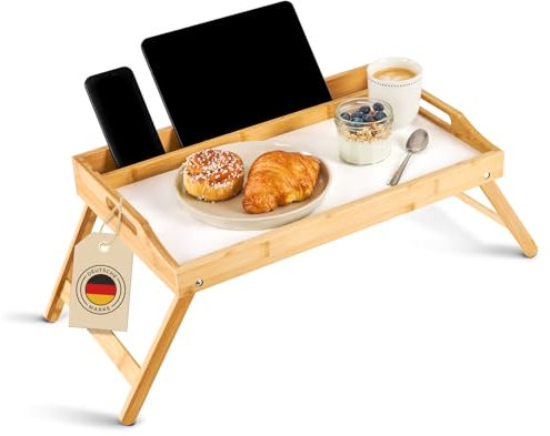Blumtal Betttablett aus Bambus mit Holzstrebe für Tablets/Handys - Frühstückstablett fürs Bett - Betttisch klappbar 50 x 30 x 6 cm - Laptoptisch für Couch - stabiles Sofa Tablett Weiß