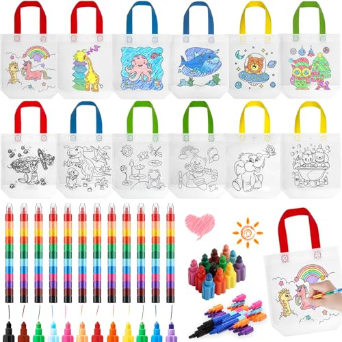 YeahBoom Taschen zum Bemalen für Kind, 12 Stück stoffbeutel, 12 Farben Stapelbare Wachsmalstifte, DIY Graffiti Non-Woven Stoffbeutel Set