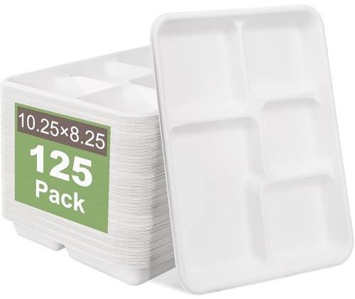 WELLIFE 125 Pack Kids Small 5-Compartment Paper Plates, 10.25x8.25 Inch 100% Compostable Divided Plates, Disposable School Lunch Trays, Eco-Friendly Bagasse Plate for Boys Girls and Youth (BPA Free)