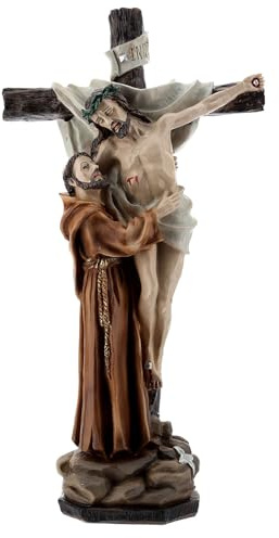 Holyart Statuen aus Resin und PVC: Statue Heiliger Franziskus mit Jesus am Kreuz aus Harz, 30 cm