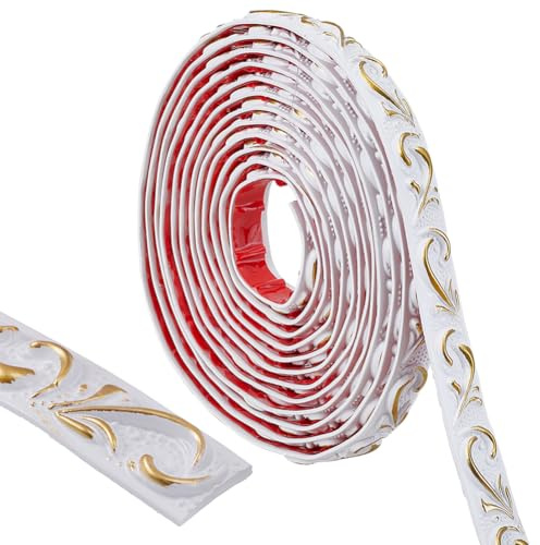 CRASPIRE 16.54Ft/5M x 2cm Flexible Molding Trim Wide Peel and Stick White Golden Self Adhesive Waterproof Paintable Wall Mirror Corner Edge Tile Trim for Floor Furniture Baseboard Countertops Border