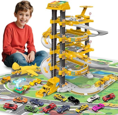 Xwin Sportseries 4 Storey Kids Parking Garage Toy Set with Spiral Race Tracks,Colour Changing Car, Electric Lift, Die-Cast Vehicles & Carrier Plane for Ages 3+