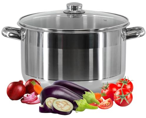 THEGA Olla De Stock Grande con Tapa - Olla De Stock De Acero Inoxidable, Cazuela De Acero Inoxidable Stockpot Base De Inducgran Tapa De Cristal De Olla De Stock Profunda(24 x 14 cm 6.5 LTR)