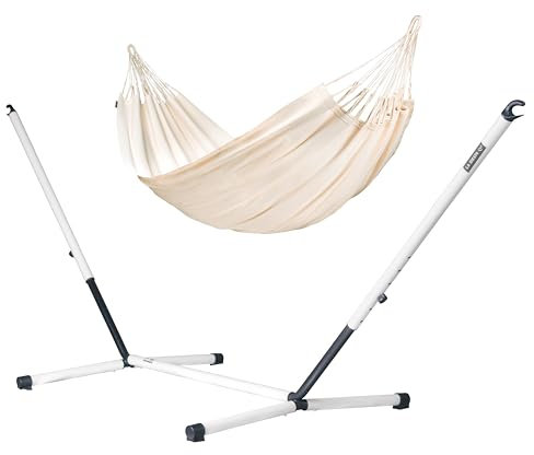 LA SIESTA® Modesta Bio-Baumwoll Hängematte, Stahlgestell - Hängematte Outdoor Indoor, Hängematte mit Ständer, Hängematte für Balkon Terrasse Garten - 2 Personen Doppel Hängematte mit Gestell, Latte