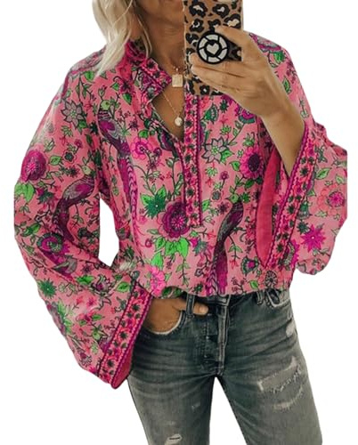 FeMereina Women Casual Boho Blouse Fashion Floral Shirts V Neck Long Puff Sleeve Lightweight Chiffon Summer Fall Tops 2024 (Rose red, M)