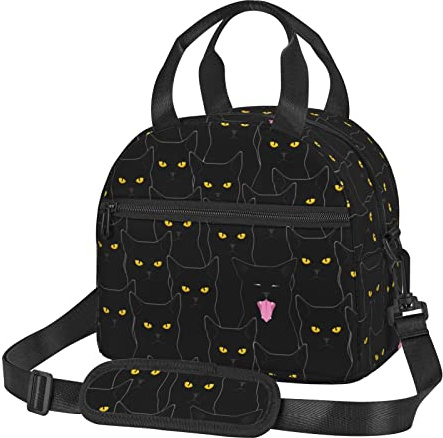 NUYFVG Lonchera con diseño de gato negro, reutilizable, aislada, bolsa térmica con correa de hombro ajustable para hombres y mujeres