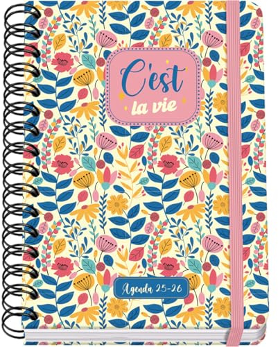 Dohe - Agenda Scolaire 2025 2026 - Semainier, Taille A5 (15x21 cm), Espagnol et Anglais, Fermeture à Spirale Double et Élastique, Couverture Rigide, 4 Pages d'Autocollants - C'Est La Vie