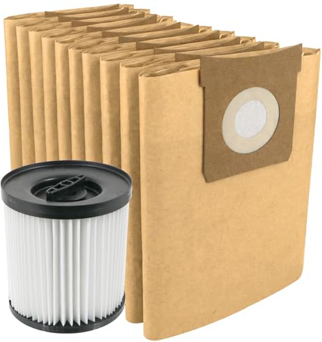 SPARES2GO Cartridge Filter + 10 Dust Bags for Titan TTB774VAC TTB775VAC TTB776VAC TTB777VAC 16L 20L 30L 40L Vacuum Cleaner