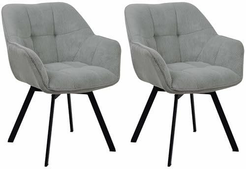 CLP Esszimmerstuhl 2er Set ergonomisch Jordi Cord, drehbar mit Armlehnen, Polstersessel, 4-Fuß-Metallgestell, bis 150 kg, mit Bodenschonern, Farbe:grau