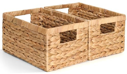 Set of 2 Wicker Shelf Storage Baskets for Organizing - Natural Durable Water Hyacinth Woven Basket Pantry Bin Organizers for Shelves with Handles for Home & Decor Organization, 12.5” x 8” x 6.5”