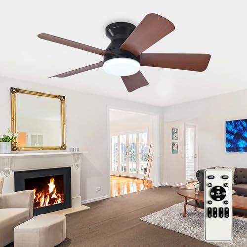 Depuley Modern Ceiling Fan with Light: 35-Inch Black Small Fans for Bedroom Indoor Outdoor - Dimmable Flush Mount Low Profile Ceiling Fans with Remote Control 5 Reversible Walnut Blades 6 Speeds Timer