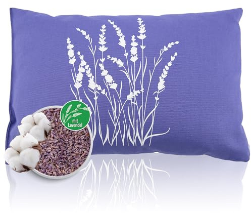 Herbalind Lavendelkissen 30x20 cm – Duftkissen mit Lavendelblüten und Schafschurwolle, Bezug aus 100% Baumwolle, Motiv Lavendelstrauch, Farbe Lavender