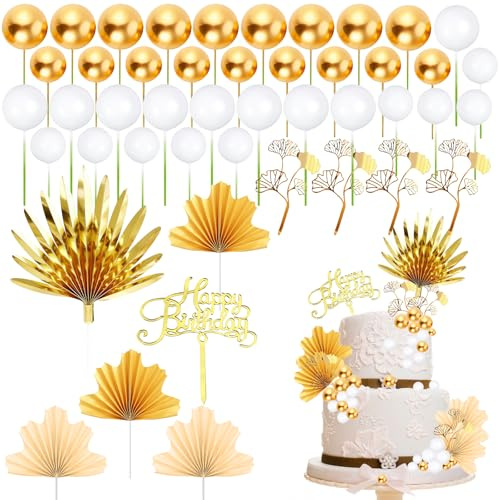50 Pcs Cake Decorations,Gold and White Cakes Toppers,Boho Cake balls Decorations,Palm Leaf Ginkgo Leaves,Sector & Happy Birthday Plugin,Maple Leaf Fan for Wedding Birthday Anniversary Baby